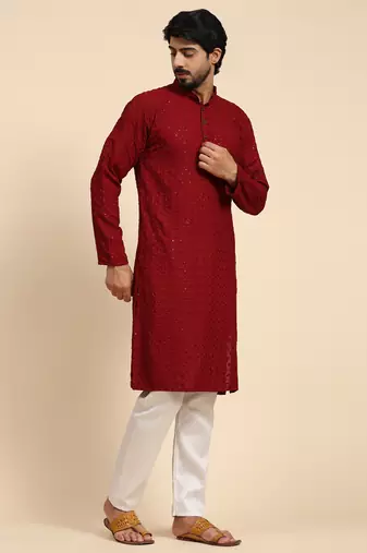 Maroon color rayon cotton chikankari work kurta 