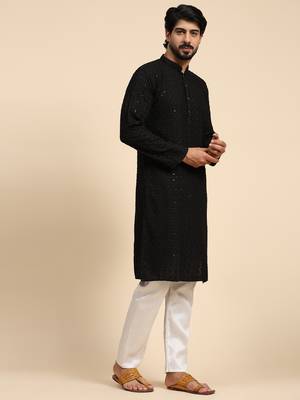 Black color rayon cotton chikankari work kurta  4