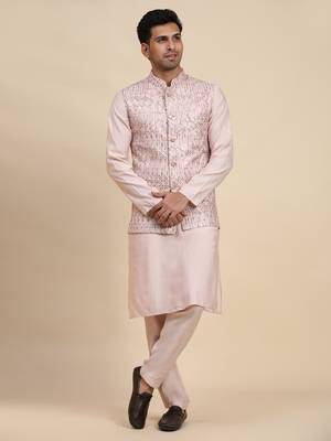 Pink viscose rayon embroidered nehru jacket set 1