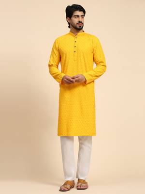 Yellow color rayon cotton chikankari work kurta  1
