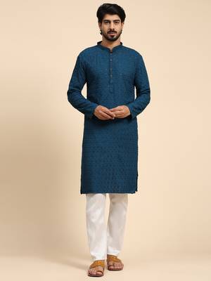 Cyan blue color rayon cotton chikankari work kurta  1