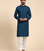 Cyan blue color rayon cotton chikankari work kurta 