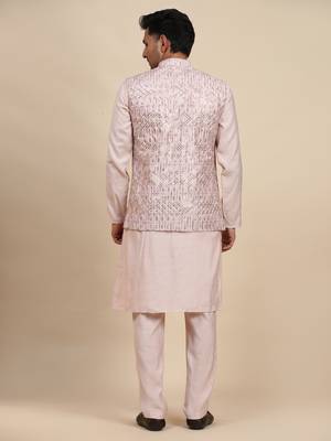 Pink viscose rayon embroidered nehru jacket set 2
