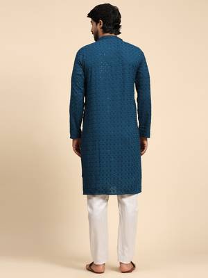 Cyan blue color rayon cotton chikankari work kurta  2