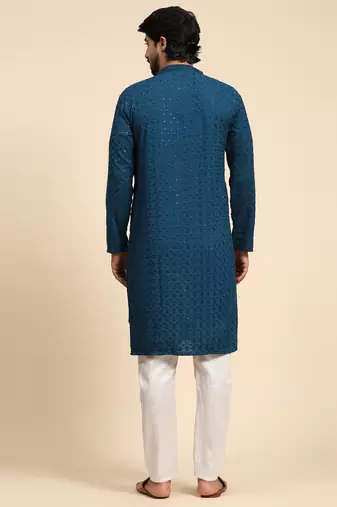 Cyan blue color rayon cotton chikankari work kurta 