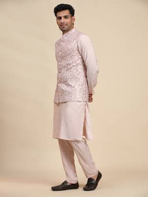 Pink viscose rayon embroidered nehru jacket set 3