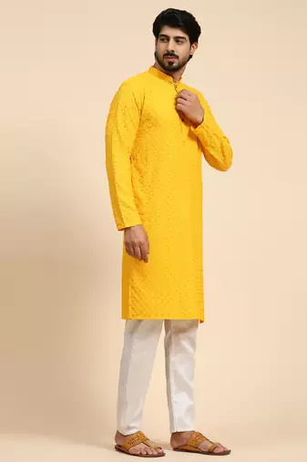 Yellow color rayon cotton chikankari work kurta 