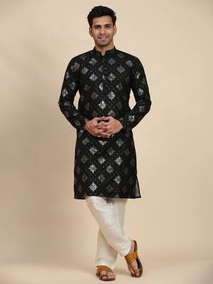 Black cotton weaved motif kurta 1