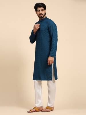Cyan blue color rayon cotton chikankari work kurta  3