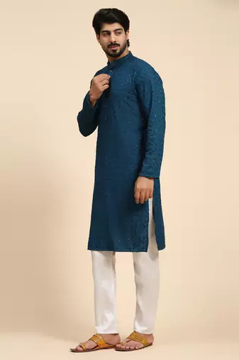Cyan blue color rayon cotton chikankari work kurta 