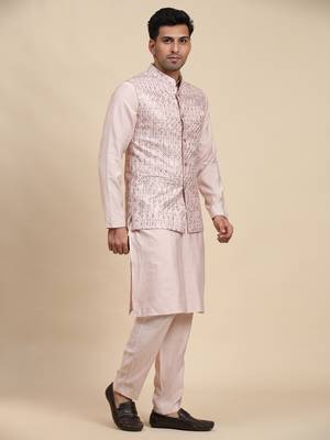Pink viscose rayon embroidered nehru jacket set 4