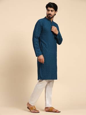 Cyan blue color rayon cotton chikankari work kurta  4