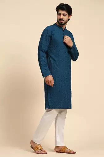Cyan blue color rayon cotton chikankari work kurta 