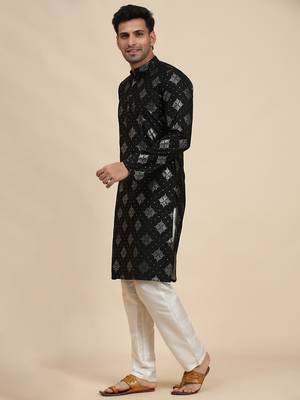 Black cotton weaved motif kurta 3