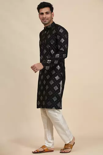 Black cotton weaved motif kurta