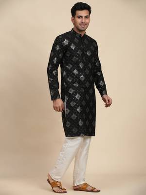 Black cotton weaved motif kurta 4