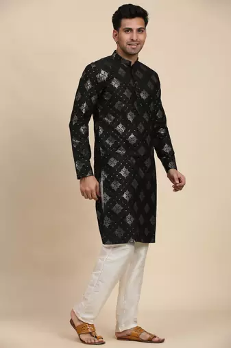 Black cotton weaved motif kurta