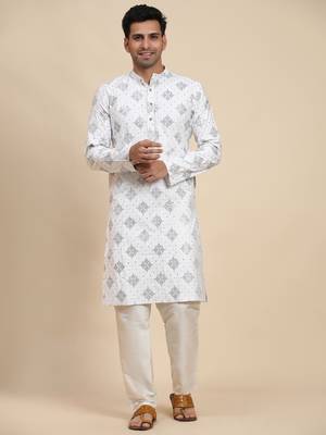 White cotton weaved motif kurta 1