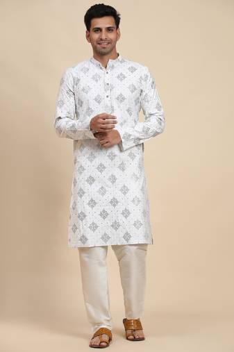 White cotton weaved motif kurta