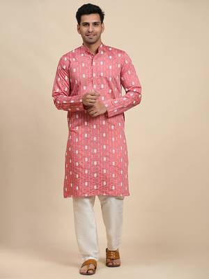 Pink viscose rayon weaved motif kurta 1