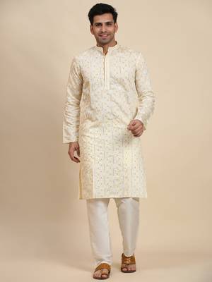 Cream viscose rayon weaved motif kurta 1