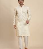 Cream viscose rayon weaved motif kurta