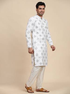White cotton weaved motif kurta 4