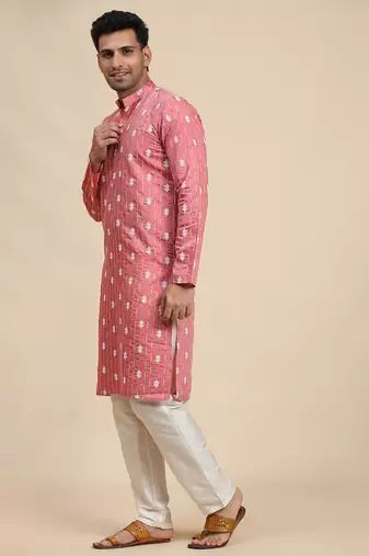 Pink viscose rayon weaved motif kurta