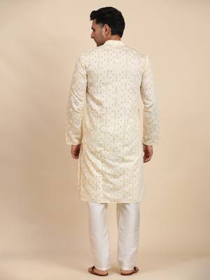 Cream viscose rayon weaved motif kurta 2