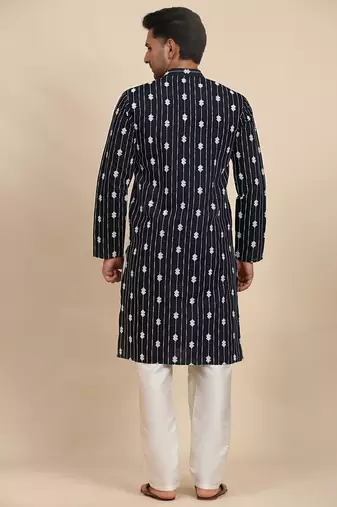 Navy blue viscose rayon weaved motif kurta