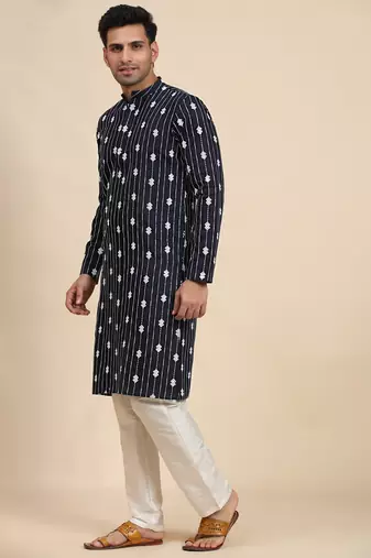 Navy blue viscose rayon weaved motif kurta