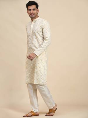Cream viscose rayon weaved motif kurta 3