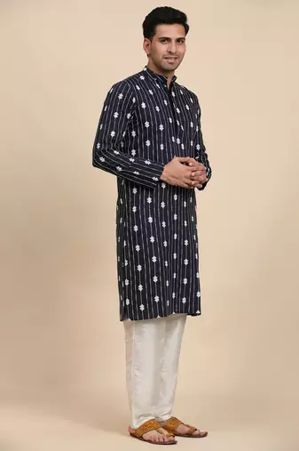 Navy blue viscose rayon weaved motif kurta