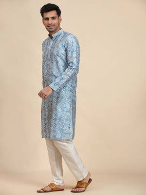 Light blue viscose rayon printed kurta 3