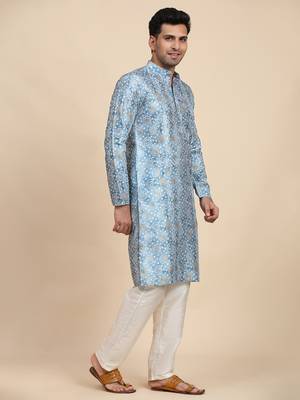 Light blue viscose rayon printed kurta 4