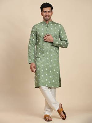 Green viscose rayon weaved motif kurta 1