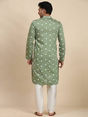 Green viscose rayon weaved motif kurta 2