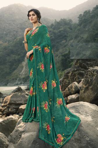 Dark Green Treditional Butta Printed Lace Border Work Saree with Banglory Blouse