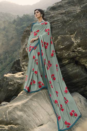 Grey Sufiya Georegtte Floral All over Printed & Lace Border Saree With Banglori Blouse
