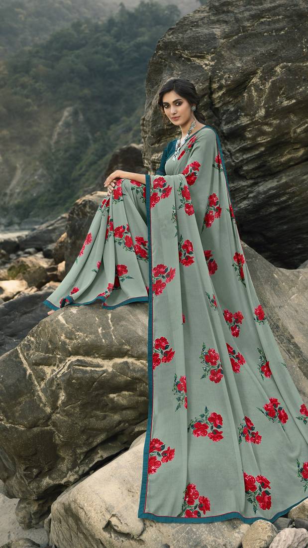 Grey Sufiya Georegtte Floral All over Printed & Lace Border Saree With Banglori Blouse