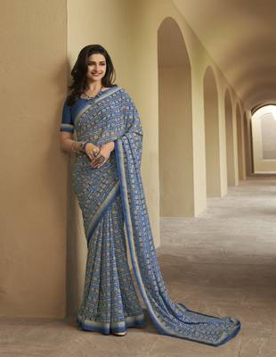Blue Prachi Georgette silk bland all over printed & Lace Border saree with Blouse 1