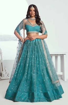 RAMA GREEN NET FABRIC LAHENGA WITH SEQUINS AND THREAD EMBROIDERY WORK 1