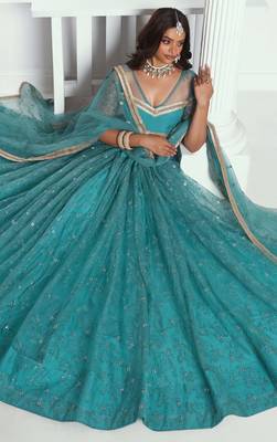 RAMA GREEN NET FABRIC LAHENGA WITH SEQUINS AND THREAD EMBROIDERY WORK 3