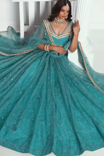 RAMA GREEN NET FABRIC LAHENGA WITH SEQUINS AND THREAD EMBROIDERY WORK