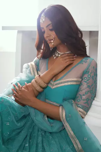 RAMA GREEN NET FABRIC LAHENGA WITH SEQUINS AND THREAD EMBROIDERY WORK