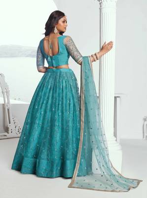 RAMA GREEN NET FABRIC LAHENGA WITH SEQUINS AND THREAD EMBROIDERY WORK 6