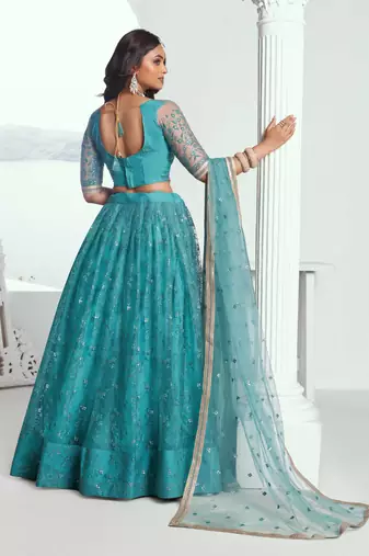RAMA GREEN NET FABRIC LAHENGA WITH SEQUINS AND THREAD EMBROIDERY WORK
