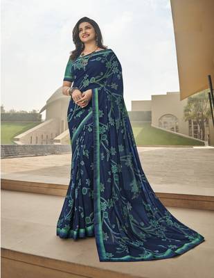 Dark Blue Prachi Georgette silk bland all over printed & Lace Border saree with Blouse 1