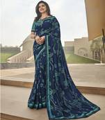 Dark Blue Prachi Georgette silk bland all over printed & Lace Border saree with Blouse