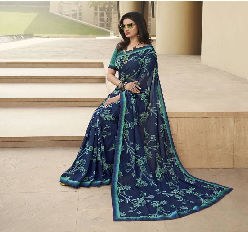Dark Blue Prachi Georgette silk bland all over printed & Lace Border saree with Blouse